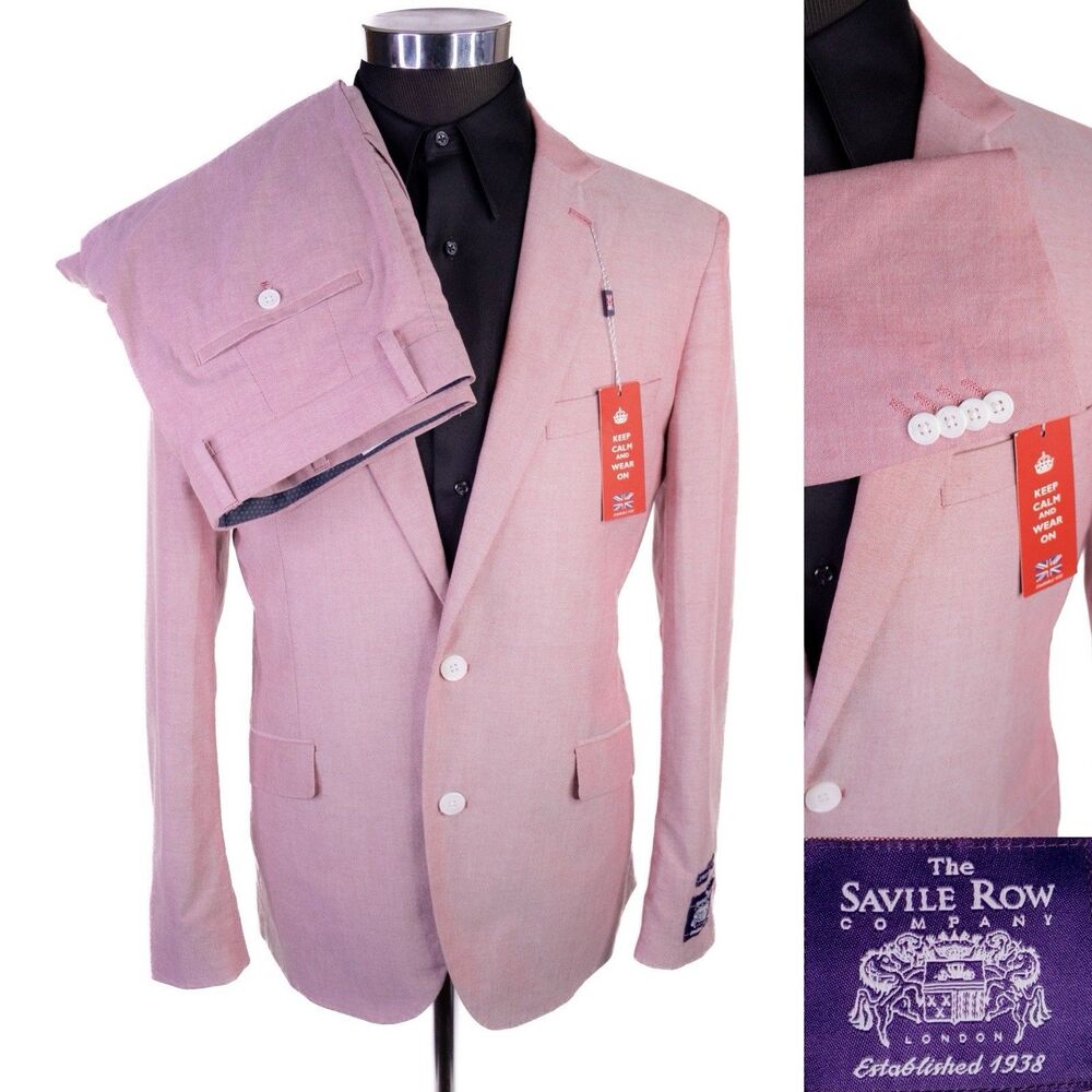 The Savile Row Hoxton 2-Pcs Cotton Pink Suit Blazer Sz 40R Pants 34X32 Cotton